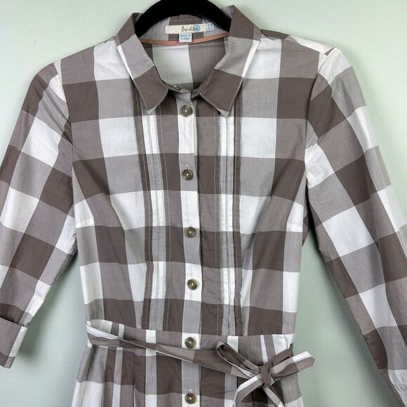 Boden Plaid Brown & White Checked Shirt Dress Button Down Long Sleeve Belted 4 - Picture 2 of 15